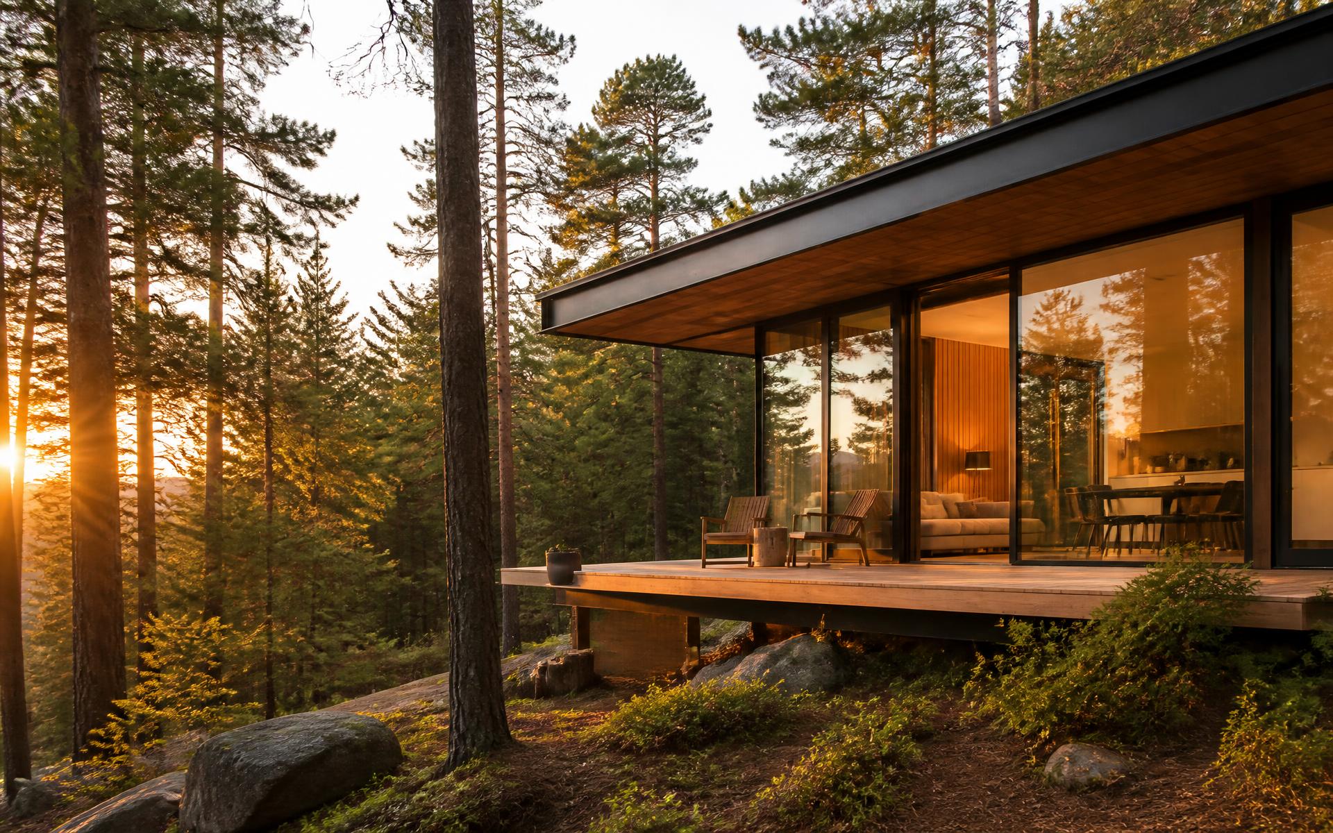 Modern glass-walled vacation cabin at golden hour in a pine forest